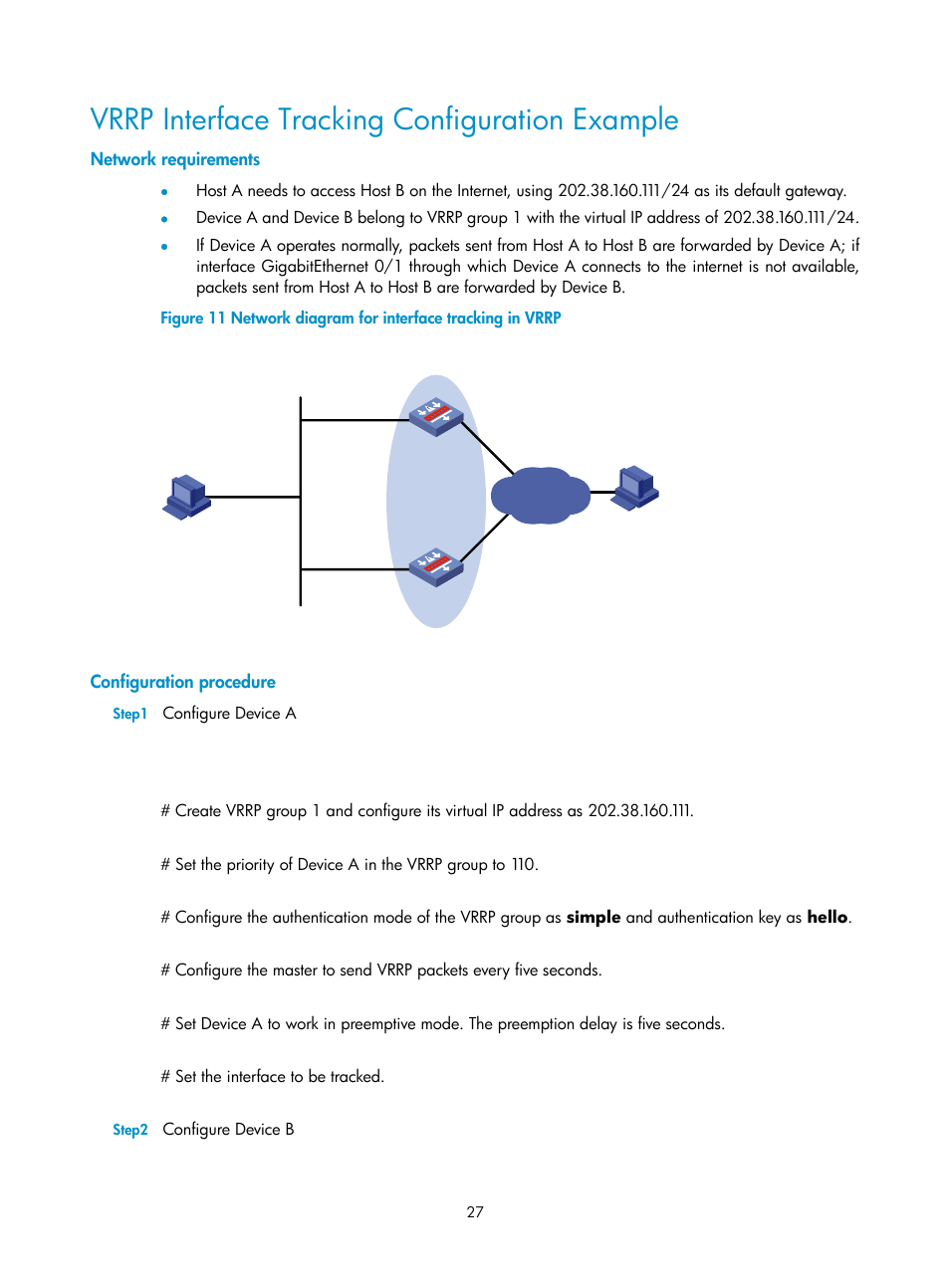 Vrrp interface tracking configuration example, Network requirements, Configuration procedure | H3C Technologies H3C SecPath F1000-E User Manual | Page 28 / 326