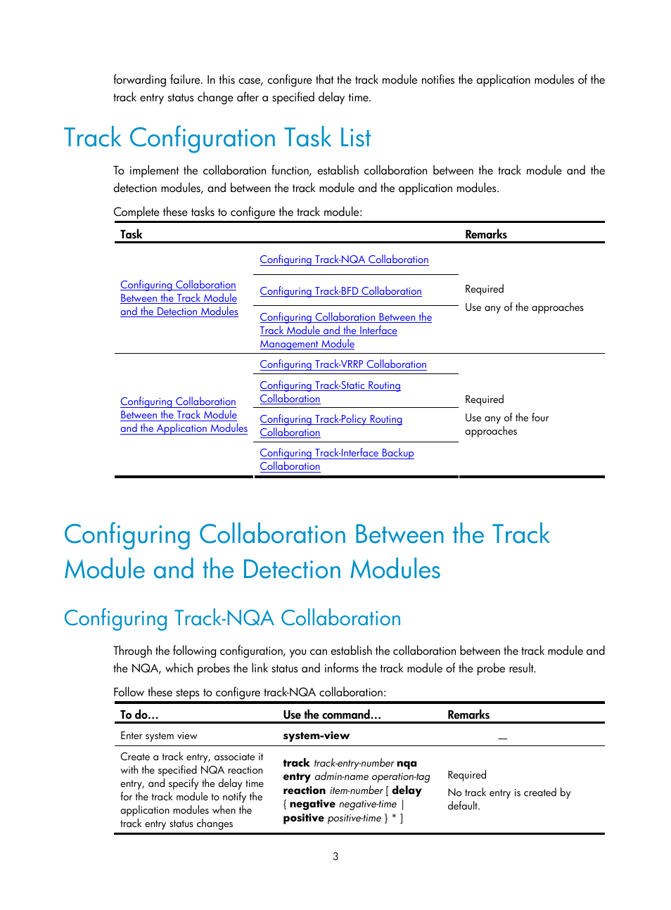 Track configuration task list, Configuring track-nqa collaboration | H3C Technologies H3C SecPath F1000-E User Manual | Page 286 / 326