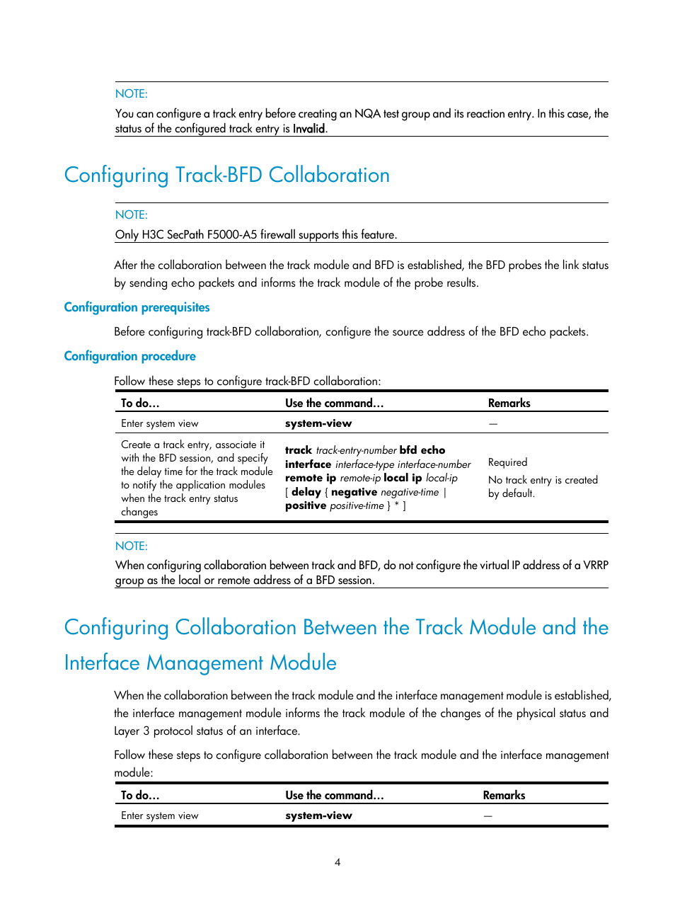 Configuring track-bfd collaboration, Configuration prerequisites, Configuration procedure | Management module | H3C Technologies H3C SecPath F1000-E User Manual | Page 287 / 326