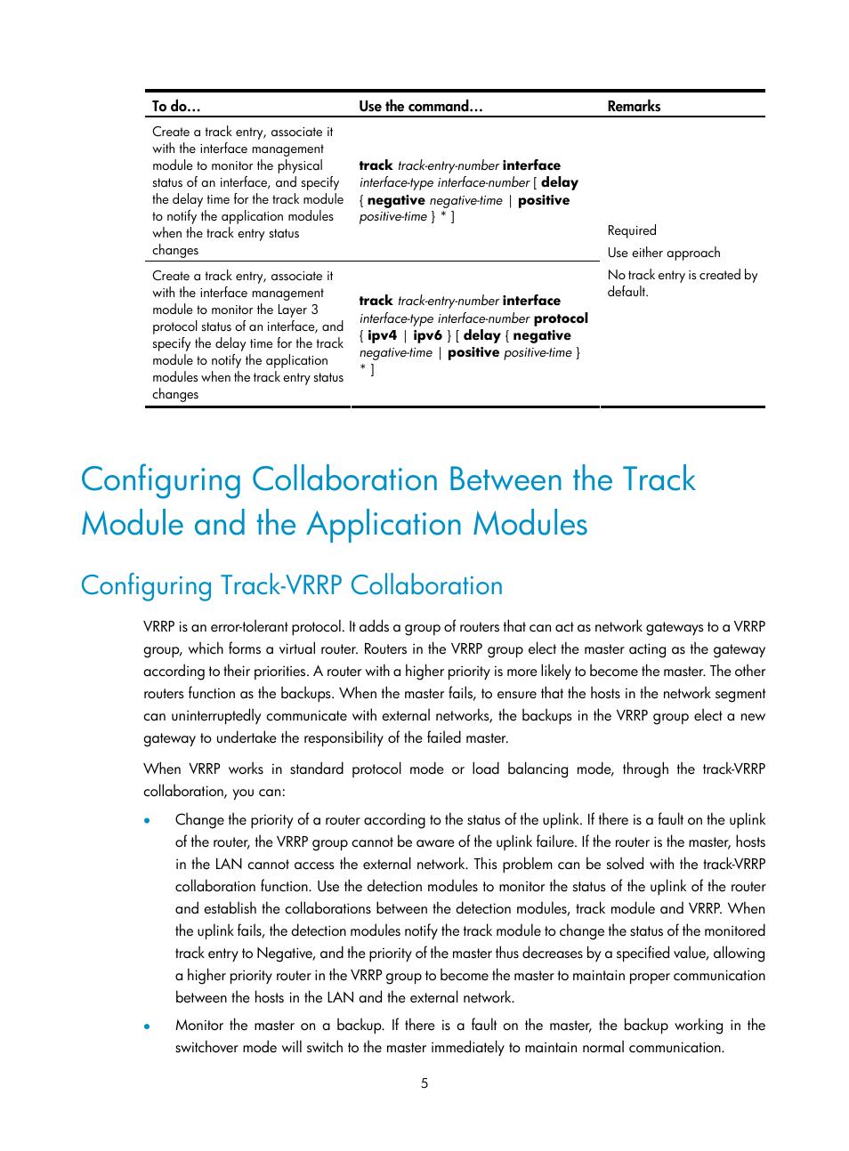 Configuring track-vrrp collaboration, Configuring collaboration between the track module, And the application modules | H3C Technologies H3C SecPath F1000-E User Manual | Page 288 / 326