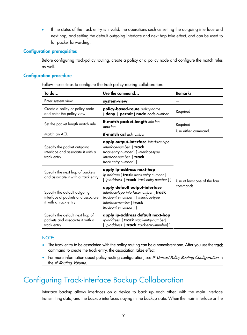 Configuration prerequisites, Configuration procedure, Configuring track-interface backup collaboration | Configuring track-interface backup, Collaboration | H3C Technologies H3C SecPath F1000-E User Manual | Page 292 / 326