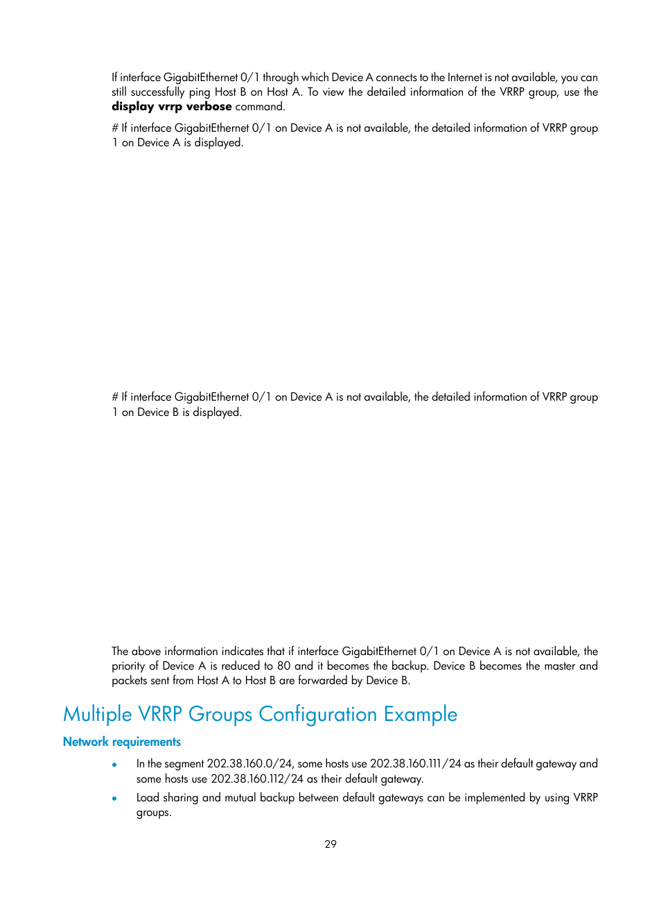 Multiple vrrp groups configuration example, Network requirements | H3C Technologies H3C SecPath F1000-E User Manual | Page 30 / 326