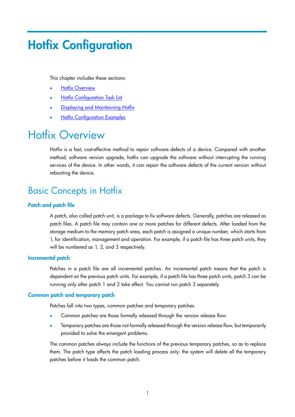 Hotfix configuration, Hotfix overview, Basic concepts in hotfix | Patch and patch file, Incremental patch, Common patch and temporary patch | H3C Technologies H3C SecPath F1000-E User Manual | Page 318 / 326