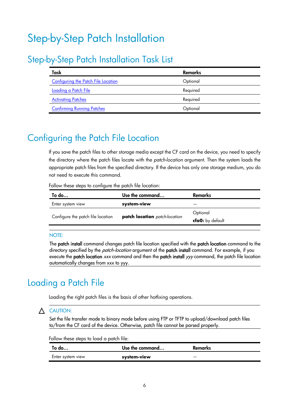 Step-by-step patch installation, Step-by-step patch installation task list, Configuring the patch file location | Loading a patch file | H3C Technologies H3C SecPath F1000-E User Manual | Page 323 / 326