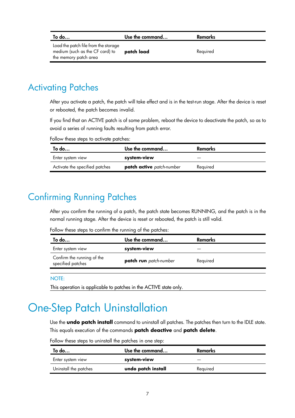 Activating patches, Confirming running patches, One-step patch uninstallation | H3C Technologies H3C SecPath F1000-E User Manual | Page 324 / 326