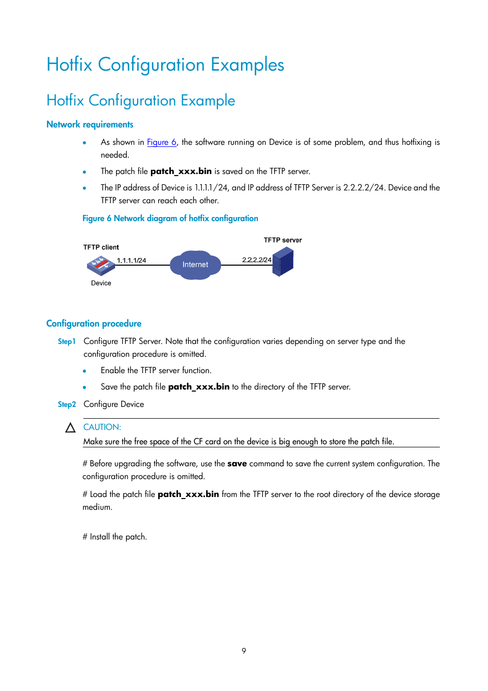 Hotfix configuration examples, Hotfix configuration example, Network requirements | Configuration procedure | H3C Technologies H3C SecPath F1000-E User Manual | Page 326 / 326