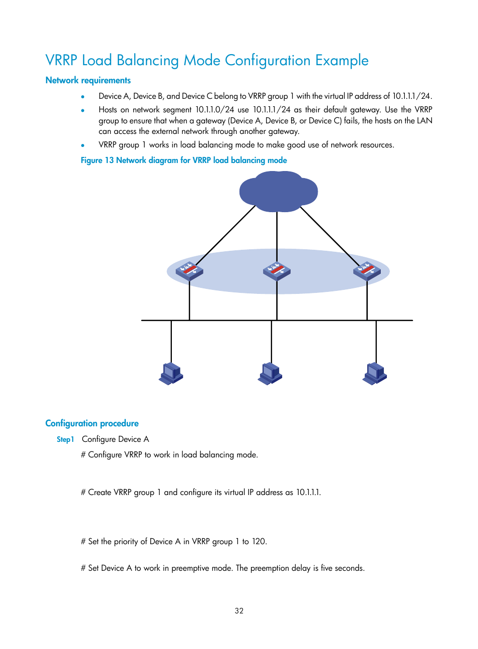 Vrrp load balancing mode configuration example, Network requirements, Configuration procedure | H3C Technologies H3C SecPath F1000-E User Manual | Page 33 / 326