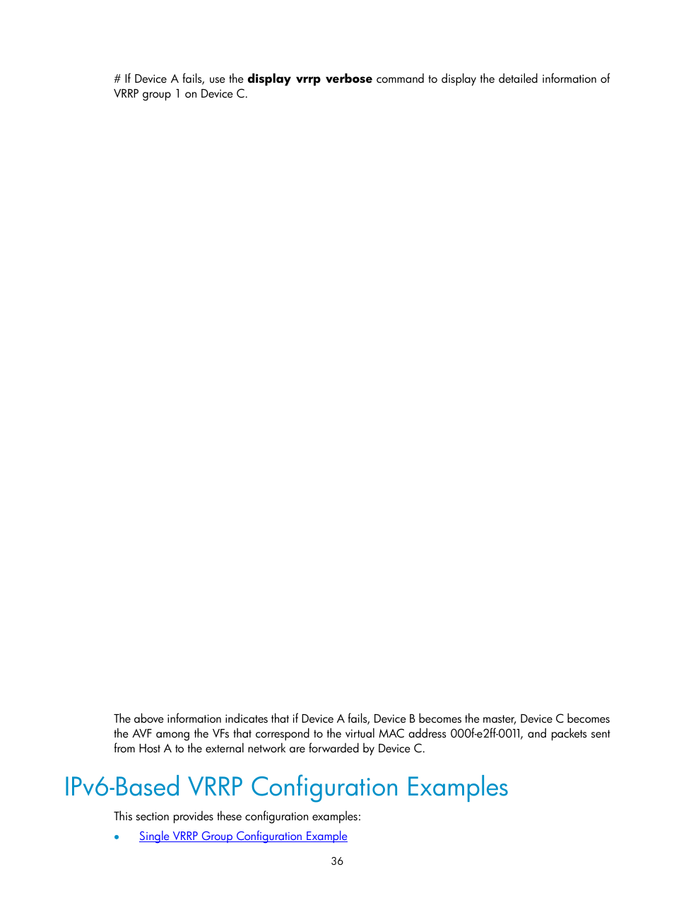 Ipv6-based vrrp configuration examples | H3C Technologies H3C SecPath F1000-E User Manual | Page 37 / 326