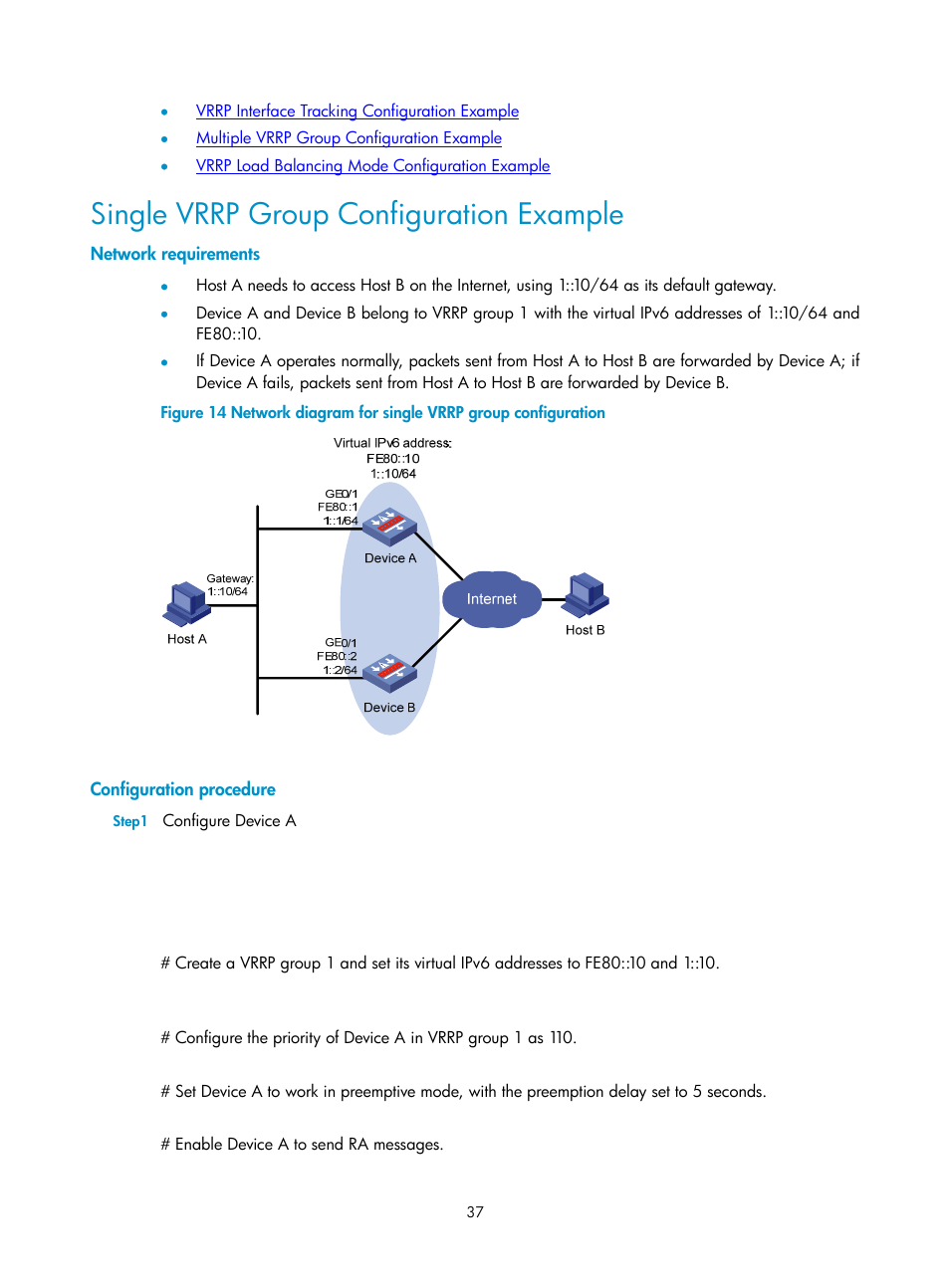 Single vrrp group configuration example, Network requirements, Configuration procedure | H3C Technologies H3C SecPath F1000-E User Manual | Page 38 / 326