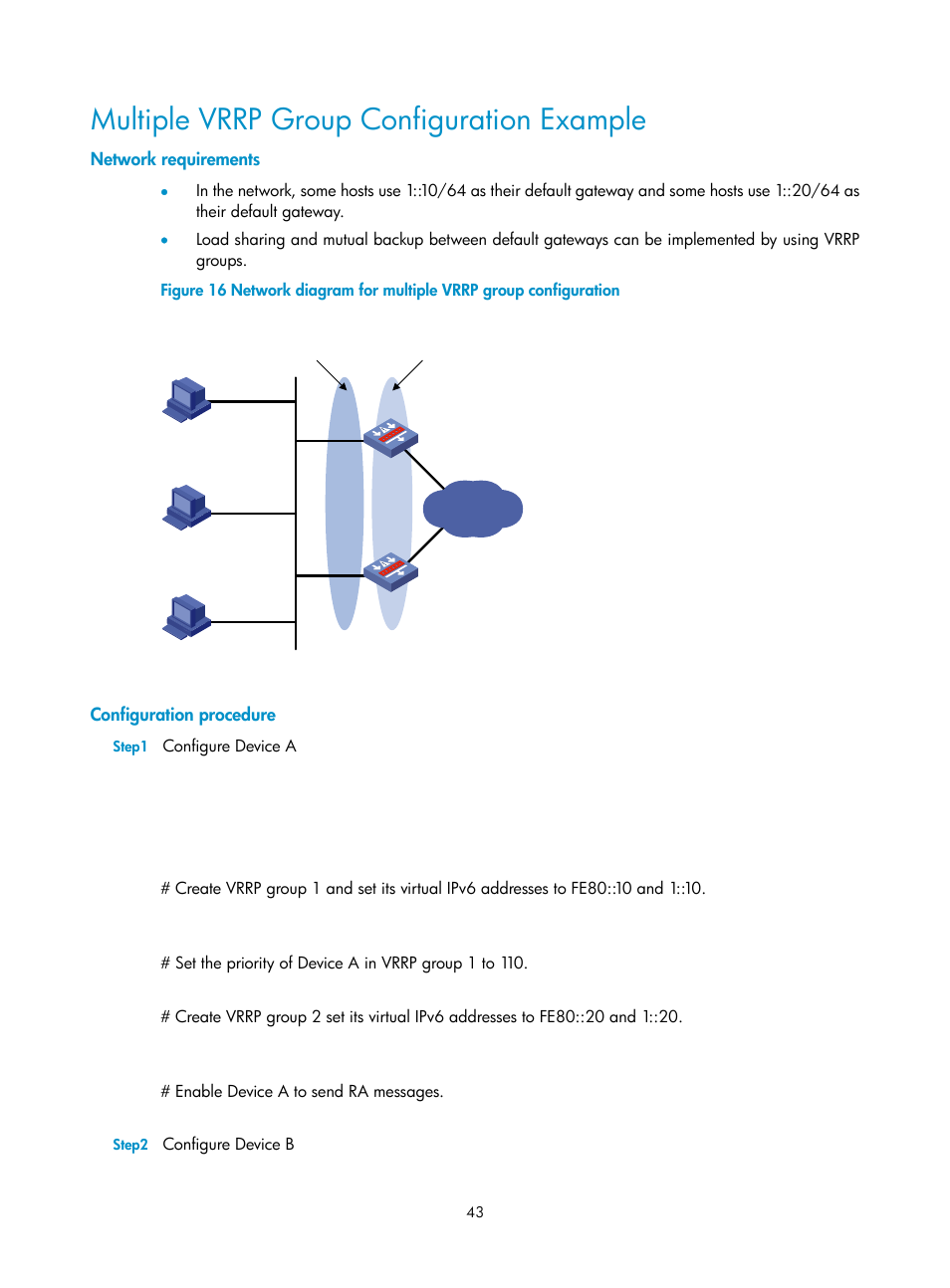 Multiple vrrp group configuration example, Network requirements, Configuration procedure | H3C Technologies H3C SecPath F1000-E User Manual | Page 44 / 326