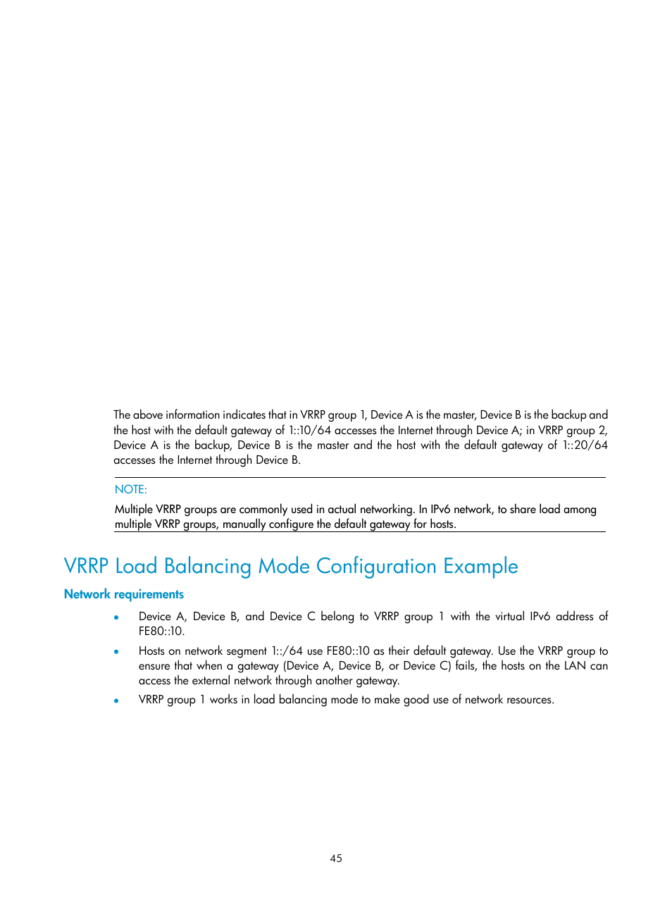 Vrrp load balancing mode configuration example, Network requirements | H3C Technologies H3C SecPath F1000-E User Manual | Page 46 / 326