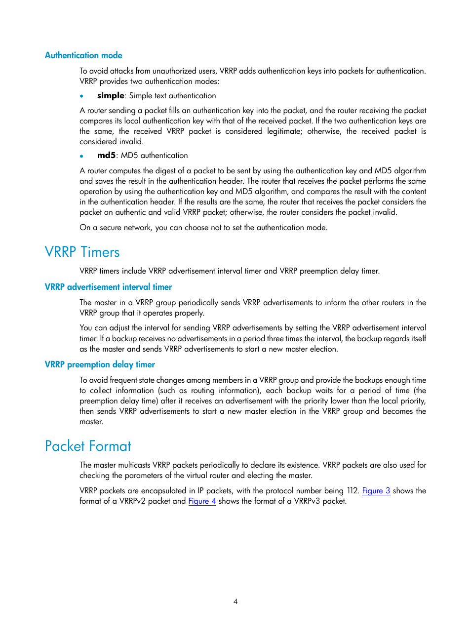 Authentication mode, Vrrp timers, Vrrp advertisement interval timer | Vrrp preemption delay timer, Packet format | H3C Technologies H3C SecPath F1000-E User Manual | Page 5 / 326