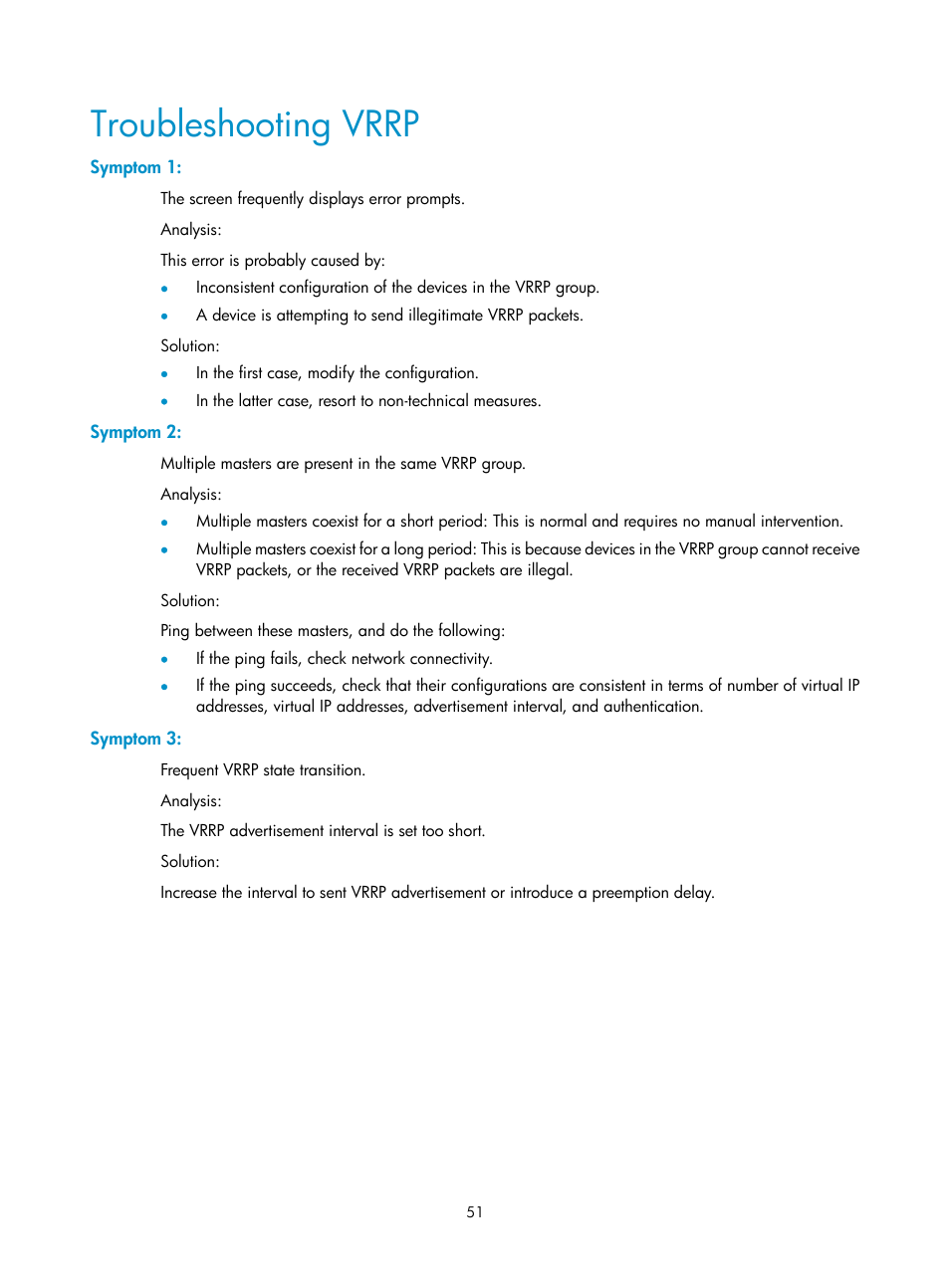 Troubleshooting vrrp, Symptom 1, Symptom 2 | Symptom 3 | H3C Technologies H3C SecPath F1000-E User Manual | Page 52 / 326