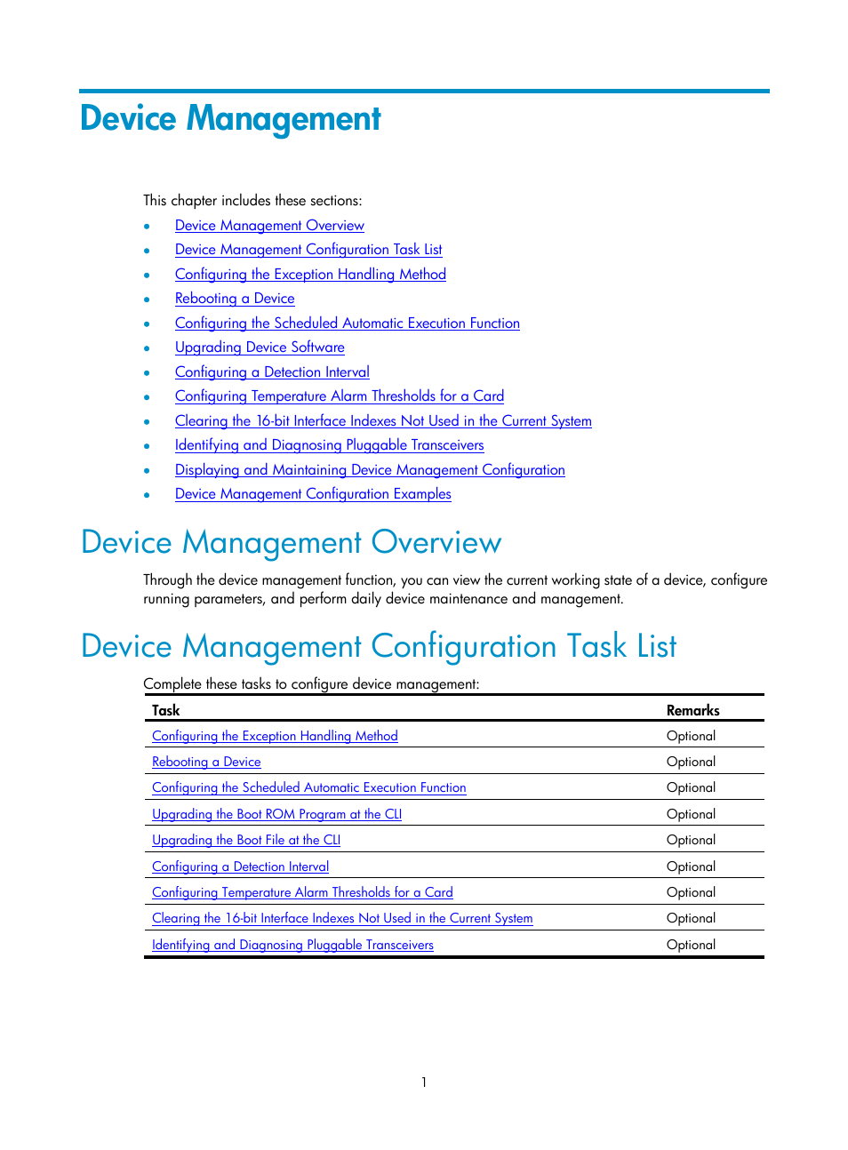 Device management, Device management overview, Device management configuration task list | H3C Technologies H3C SecPath F1000-E User Manual | Page 54 / 326