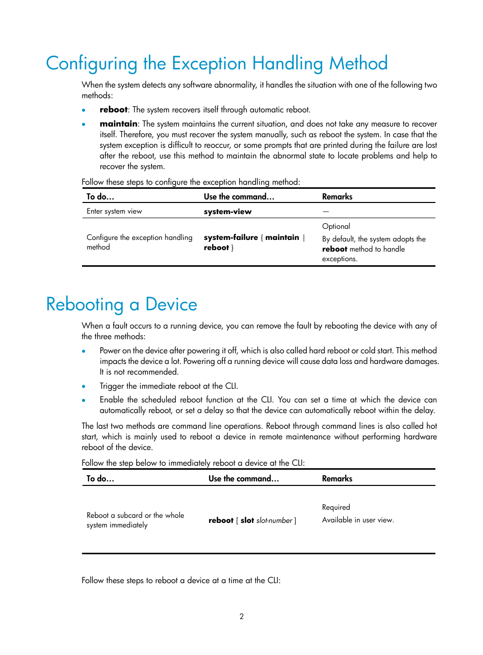 Configuring the exception handling method, Rebooting a device | H3C Technologies H3C SecPath F1000-E User Manual | Page 55 / 326