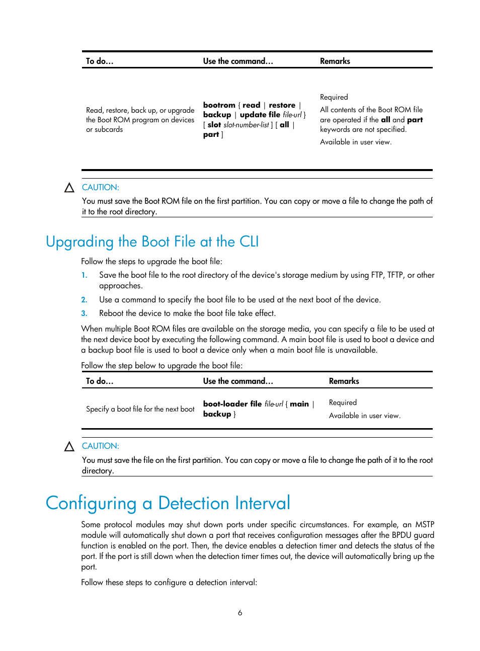 Upgrading the boot file at the cli, Configuring a detection interval | H3C Technologies H3C SecPath F1000-E User Manual | Page 59 / 326