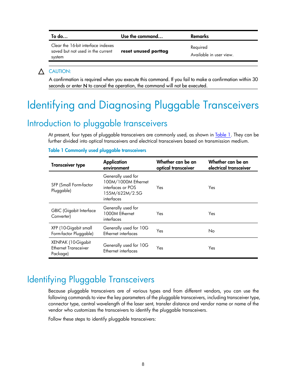 Identifying and diagnosing pluggable transceivers, Introduction to pluggable transceivers, Identifying pluggable transceivers | H3C Technologies H3C SecPath F1000-E User Manual | Page 61 / 326