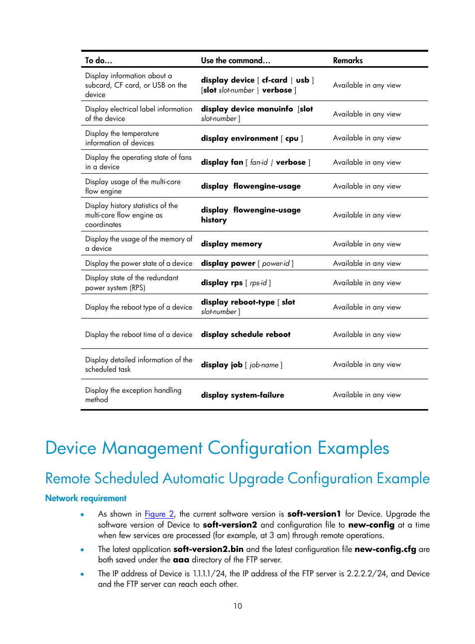 Device management configuration examples, Network requirement | H3C Technologies H3C SecPath F1000-E User Manual | Page 63 / 326