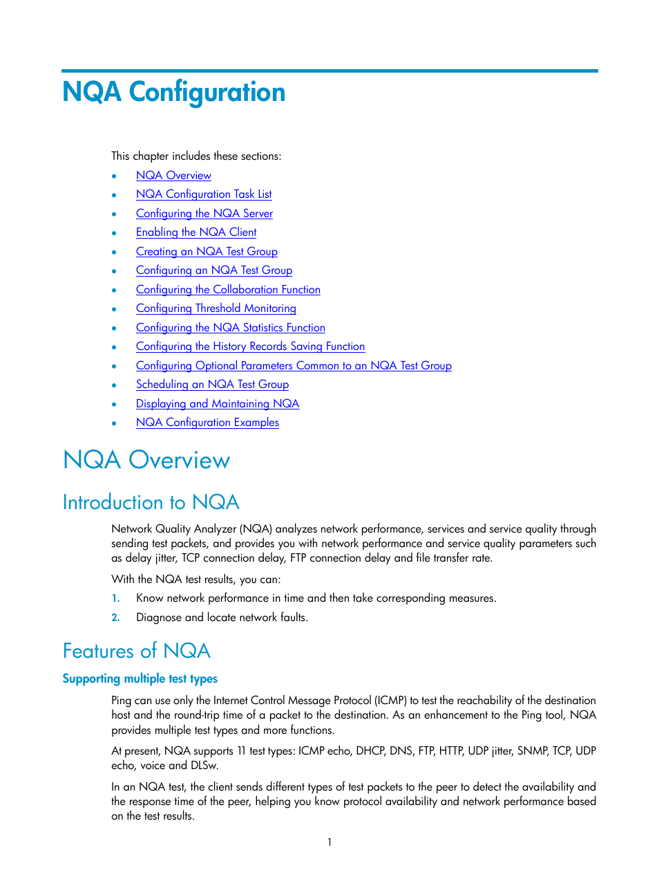 Nqa configuration, Nqa overview, Introduction to nqa | Features of nqa, Supporting multiple test types | H3C Technologies H3C SecPath F1000-E User Manual | Page 67 / 326