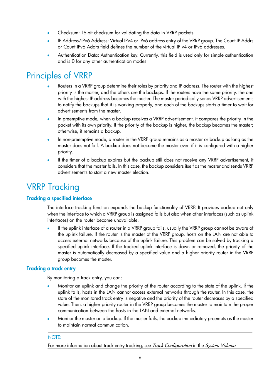 Principles of vrrp, Vrrp tracking, Tracking a specified interface | Tracking a track entry | H3C Technologies H3C SecPath F1000-E User Manual | Page 7 / 326