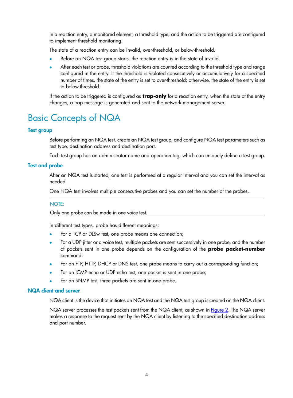 Basic concepts of nqa, Test group, Test and probe | Nqa client and server | H3C Technologies H3C SecPath F1000-E User Manual | Page 70 / 326