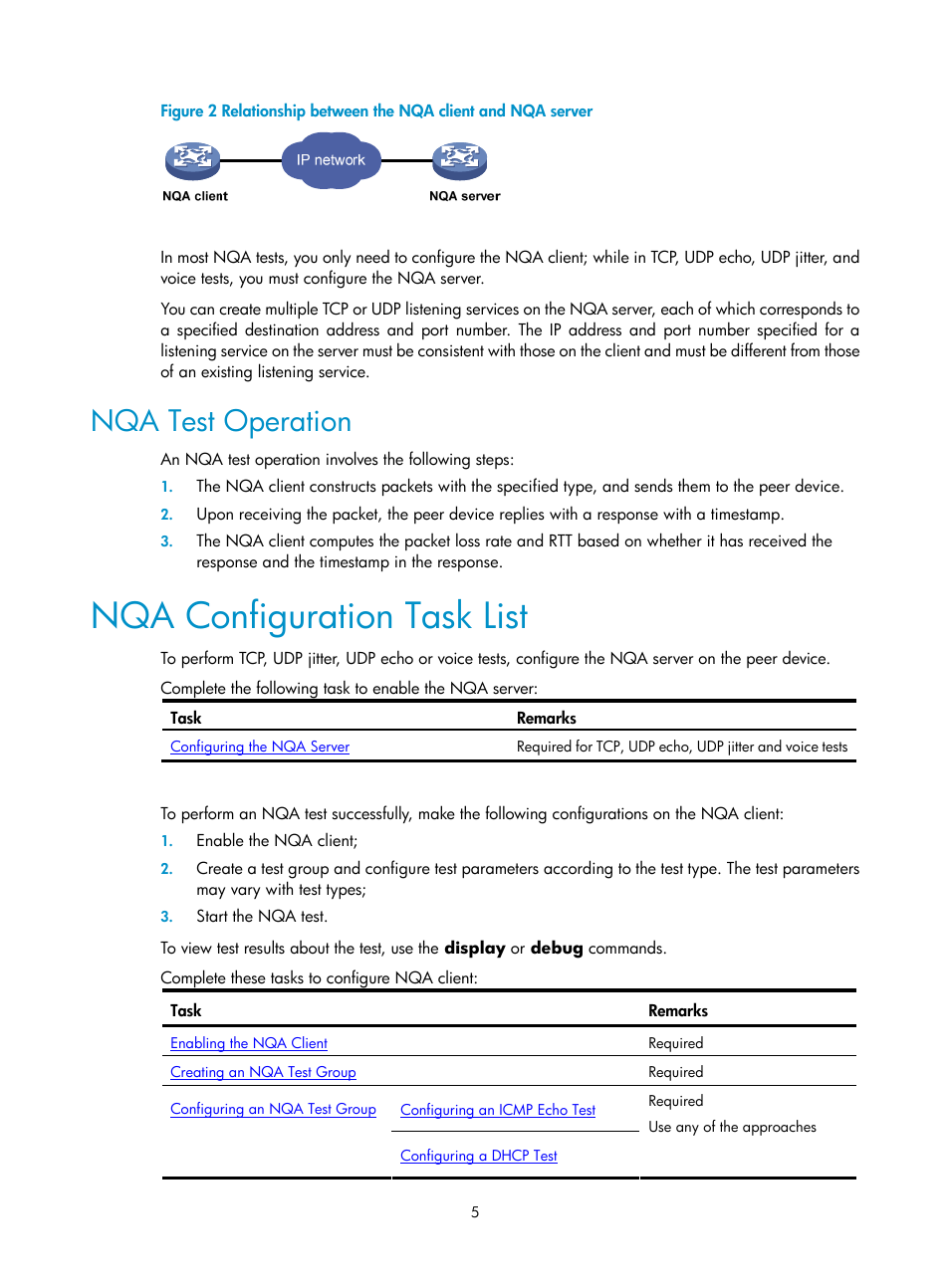 Nqa test operation, Nqa configuration task list | H3C Technologies H3C SecPath F1000-E User Manual | Page 71 / 326