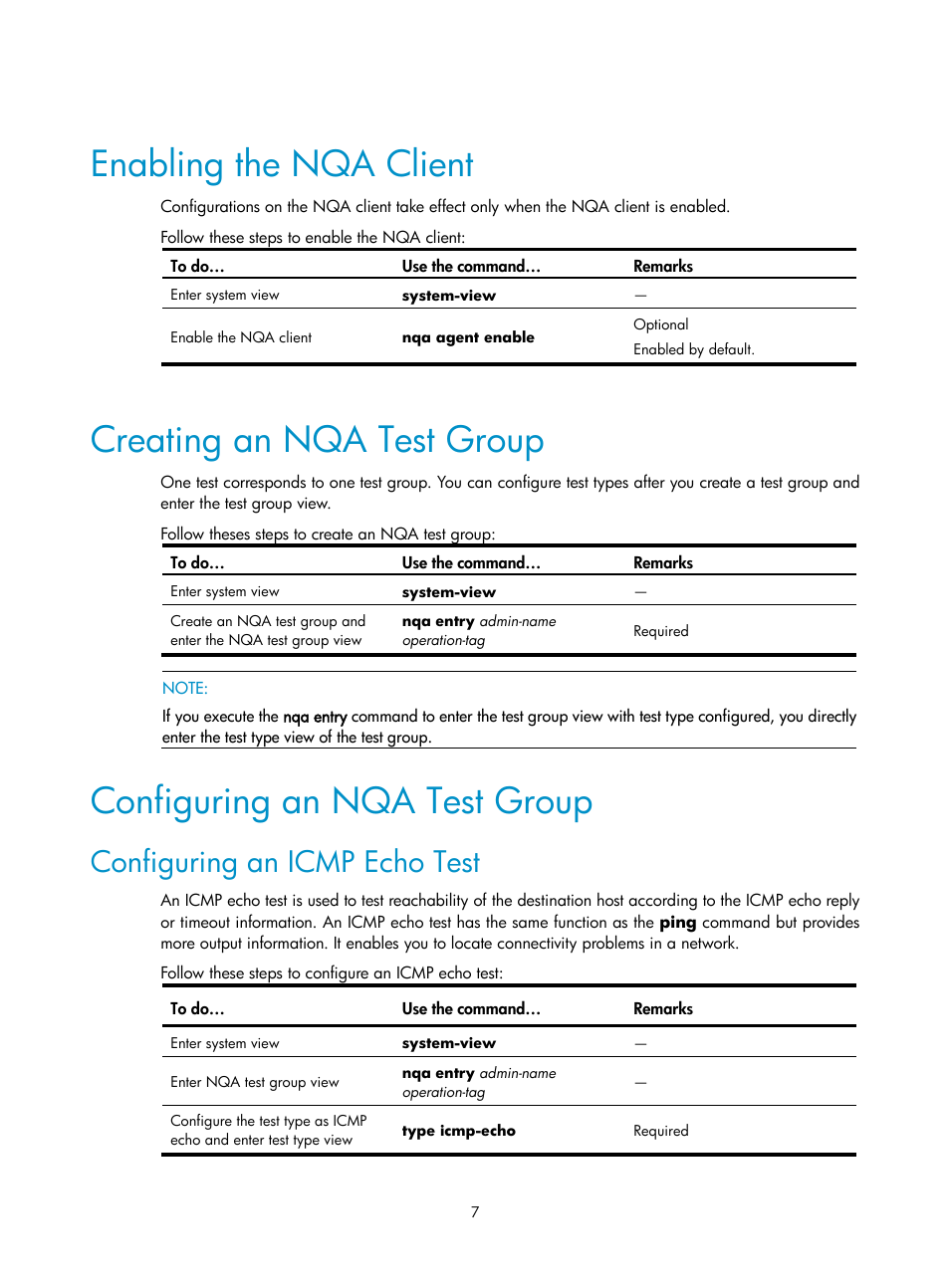 Enabling the nqa client, Creating an nqa test group, Configuring an nqa test group | Configuring an icmp echo test | H3C Technologies H3C SecPath F1000-E User Manual | Page 73 / 326