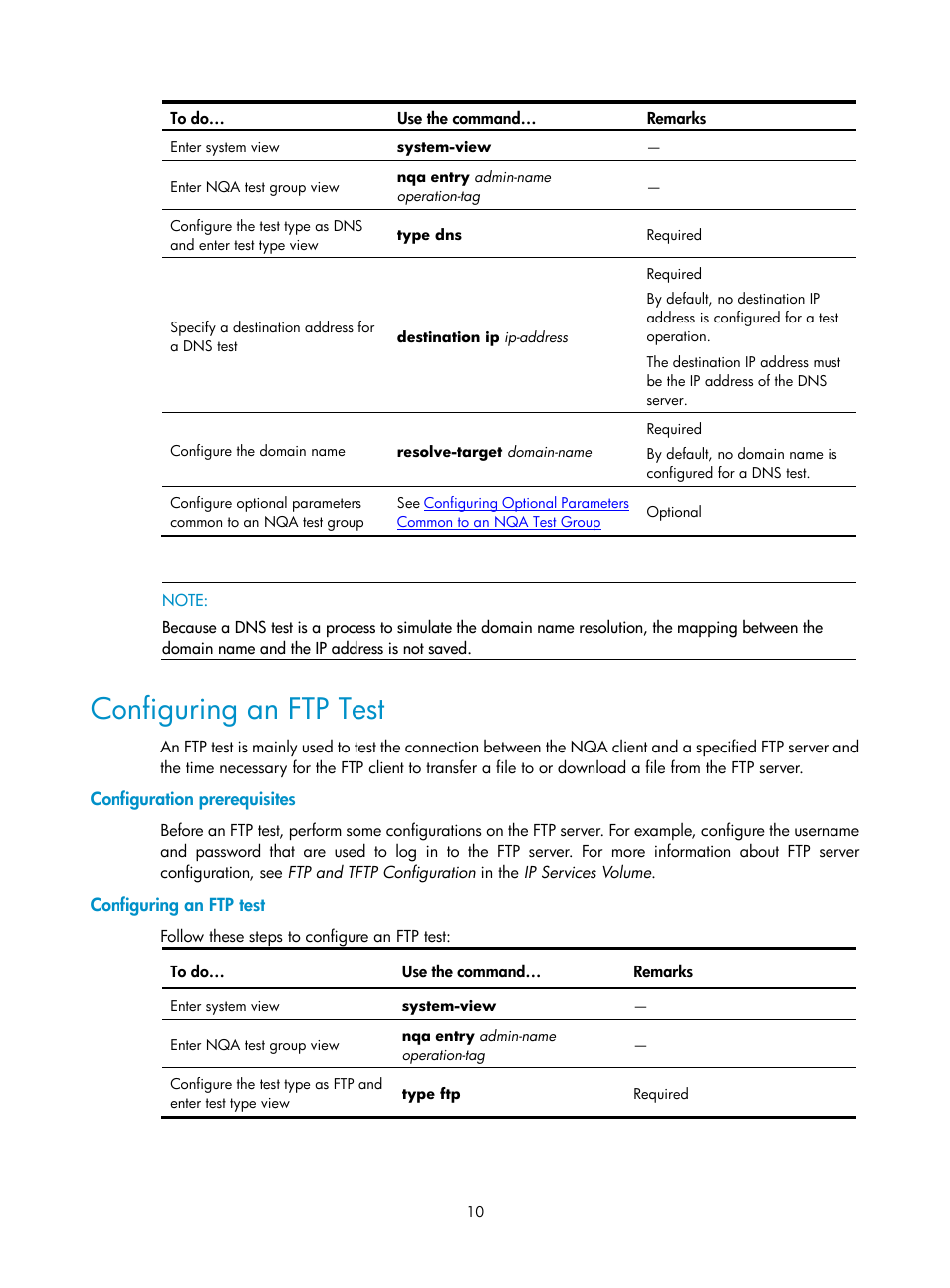 Configuring an ftp test, Configuration prerequisites | H3C Technologies H3C SecPath F1000-E User Manual | Page 76 / 326