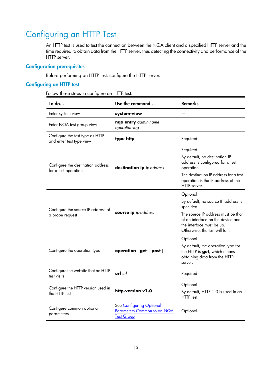 Configuring an http test, Configuration prerequisites | H3C Technologies H3C SecPath F1000-E User Manual | Page 78 / 326