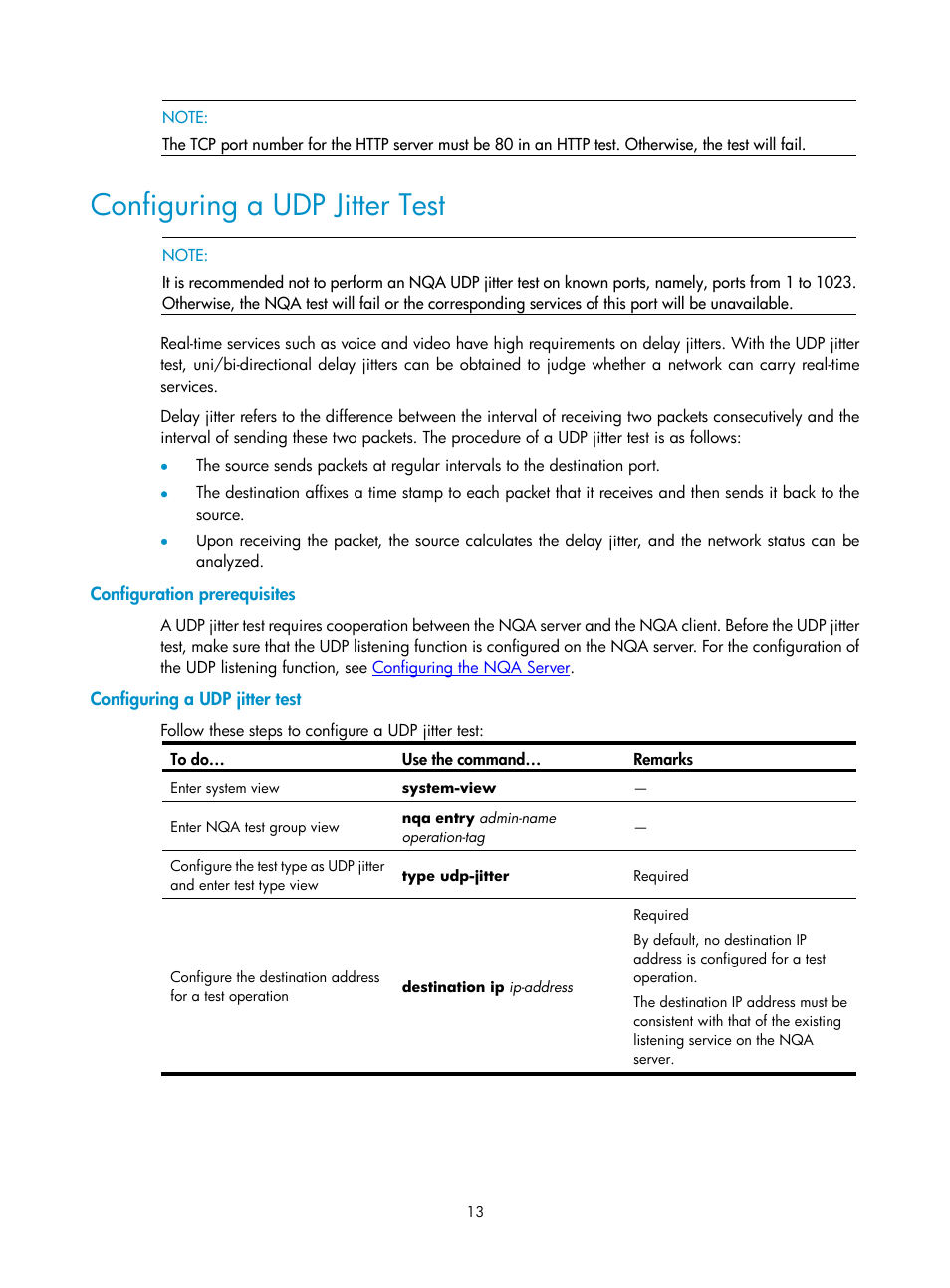 Configuring a udp jitter test, Configuration prerequisites | H3C Technologies H3C SecPath F1000-E User Manual | Page 79 / 326