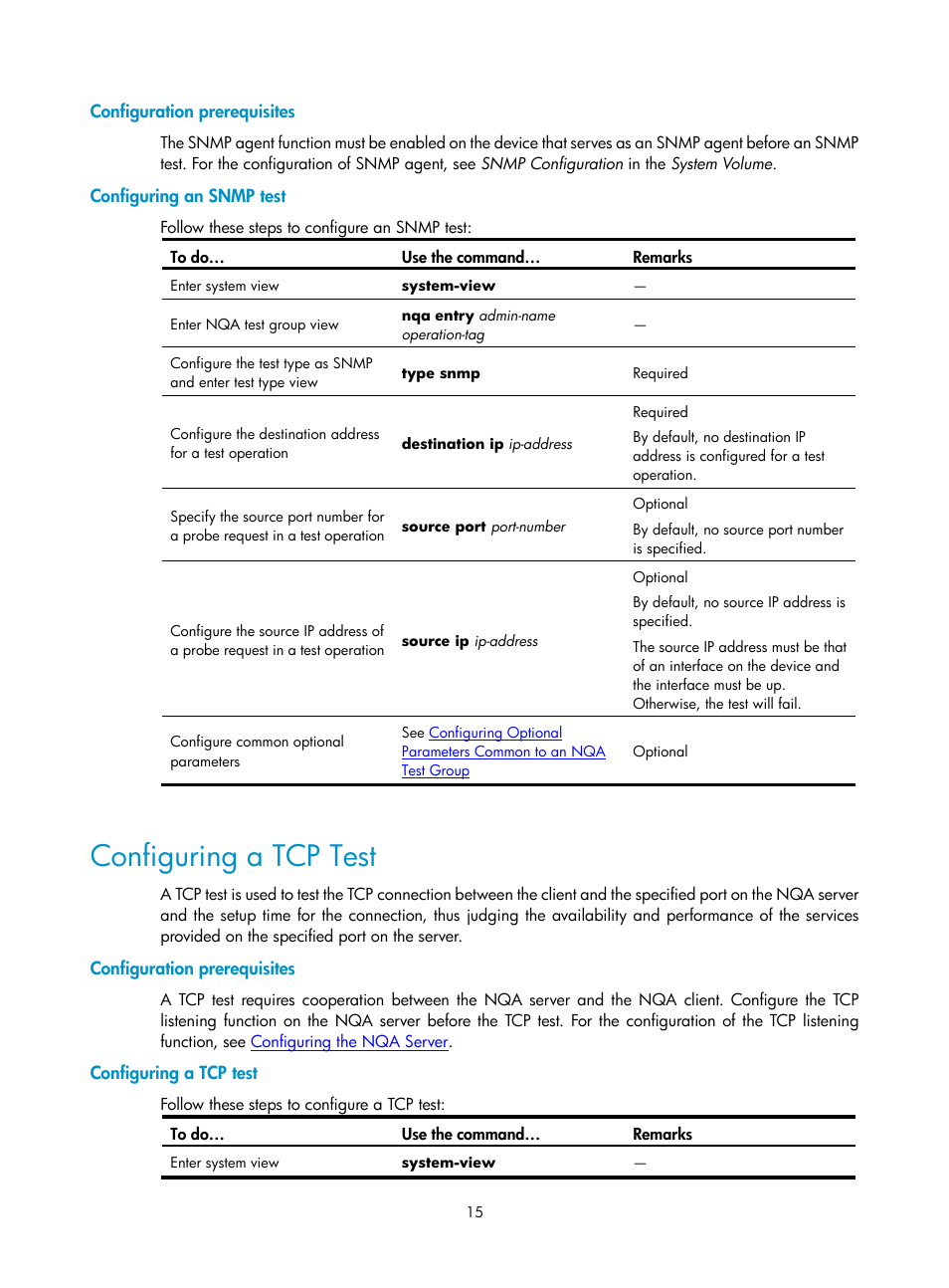 Configuration prerequisites, Configuring an snmp test, Configuring a tcp test | H3C Technologies H3C SecPath F1000-E User Manual | Page 81 / 326