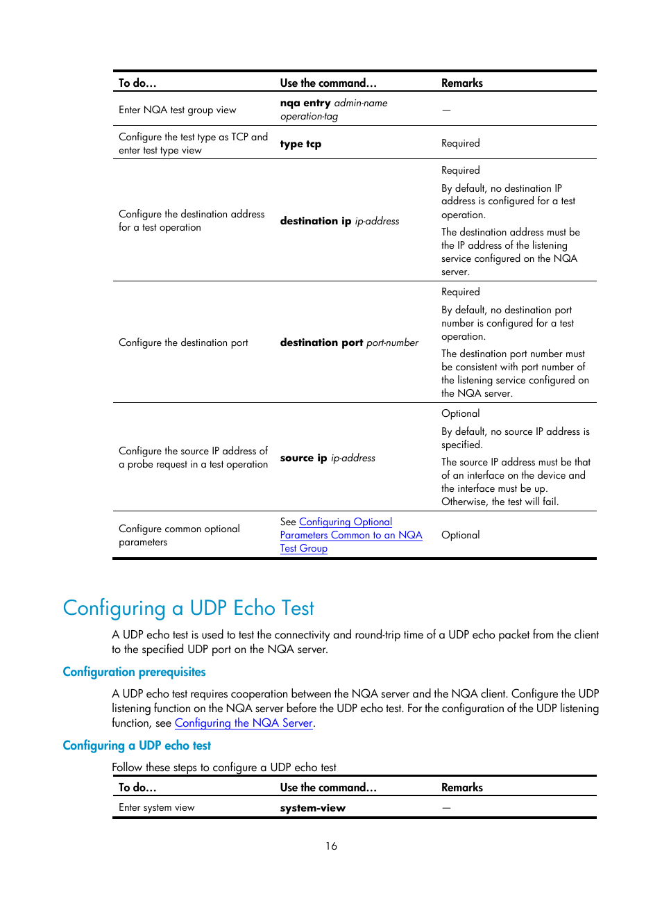 Configuring a udp echo test, Configuration prerequisites | H3C Technologies H3C SecPath F1000-E User Manual | Page 82 / 326