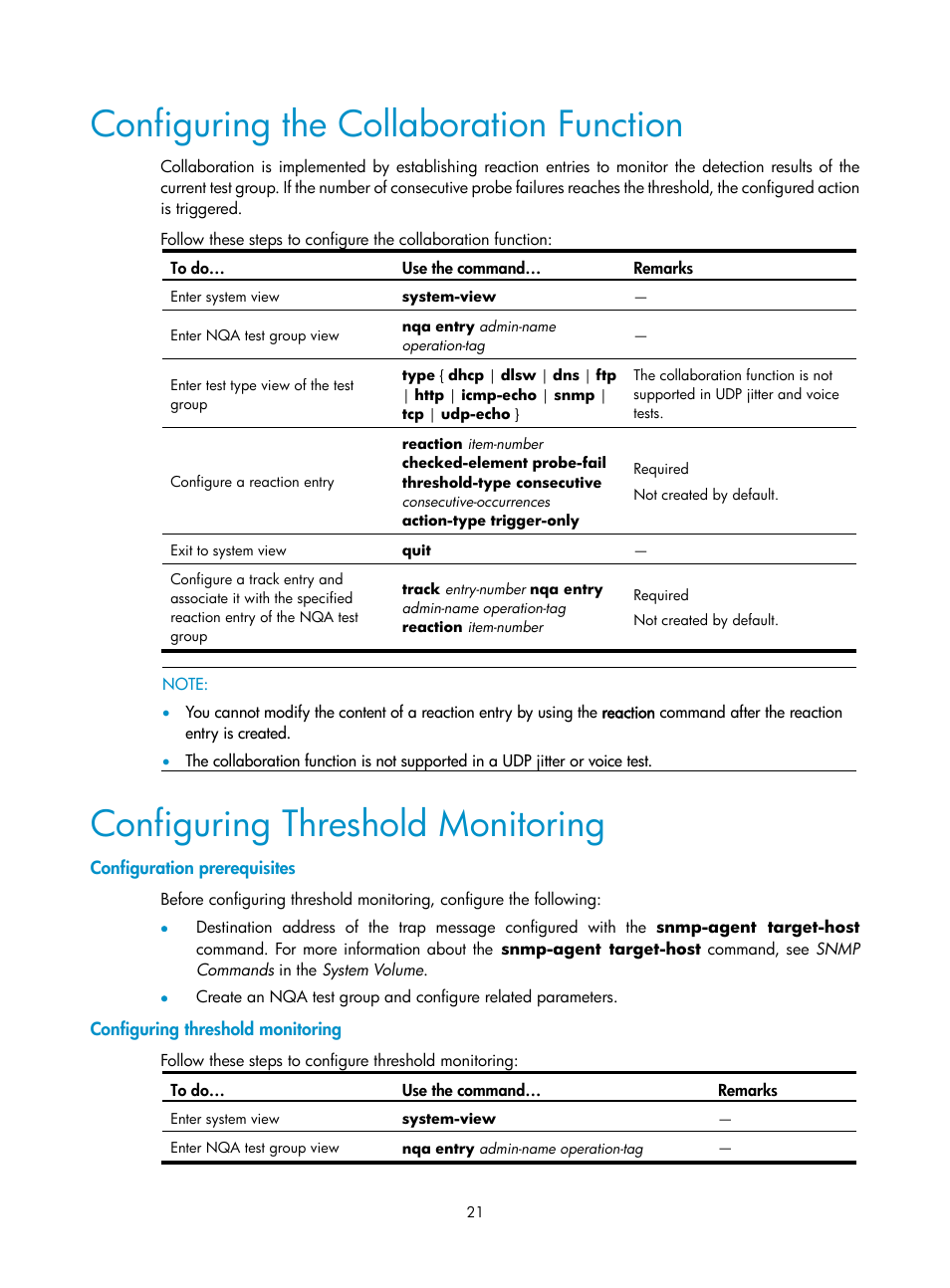 Configuring the collaboration function, Configuring threshold monitoring, Configuration prerequisites | H3C Technologies H3C SecPath F1000-E User Manual | Page 87 / 326