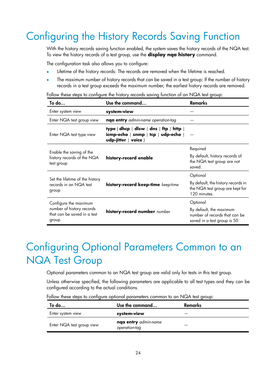 Configuring the history records saving function, Configuring optional, Parameters common to an nqa | Test group | H3C Technologies H3C SecPath F1000-E User Manual | Page 90 / 326