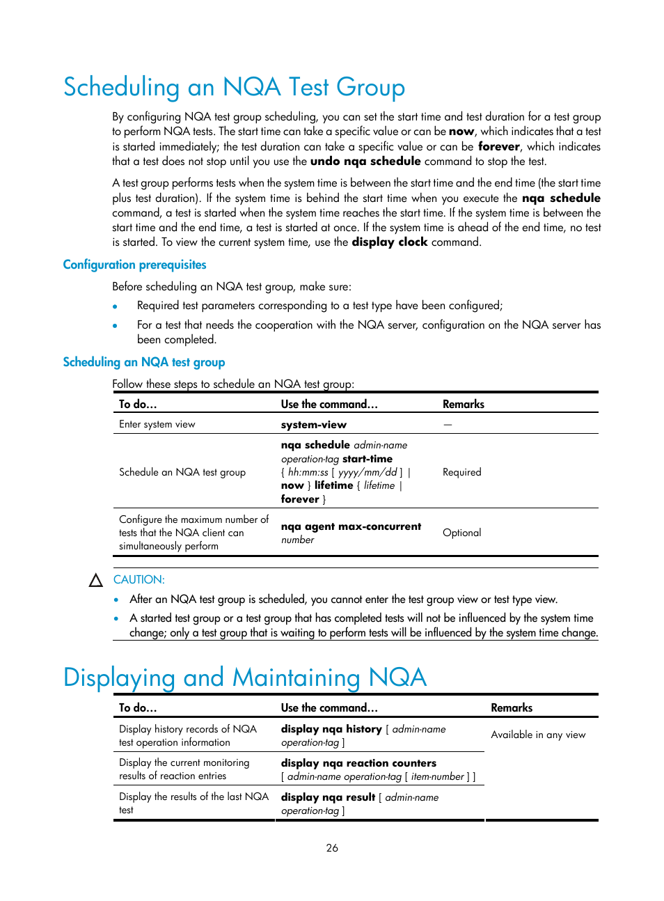 Scheduling an nqa test group, Configuration prerequisites, Displaying and maintaining nqa | H3C Technologies H3C SecPath F1000-E User Manual | Page 92 / 326