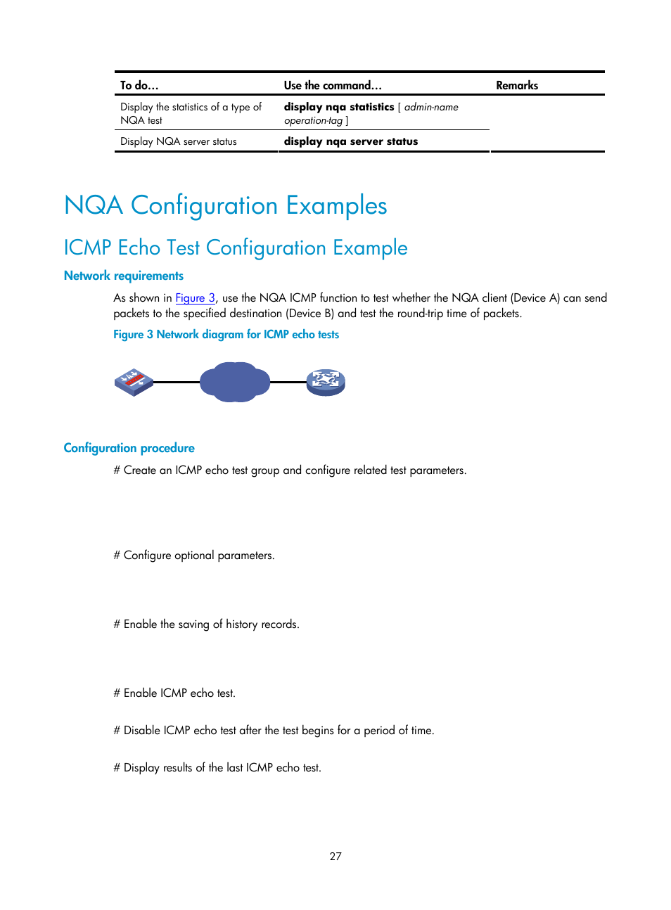 Nqa configuration examples, Icmp echo test configuration example, Network requirements | Configuration procedure | H3C Technologies H3C SecPath F1000-E User Manual | Page 93 / 326