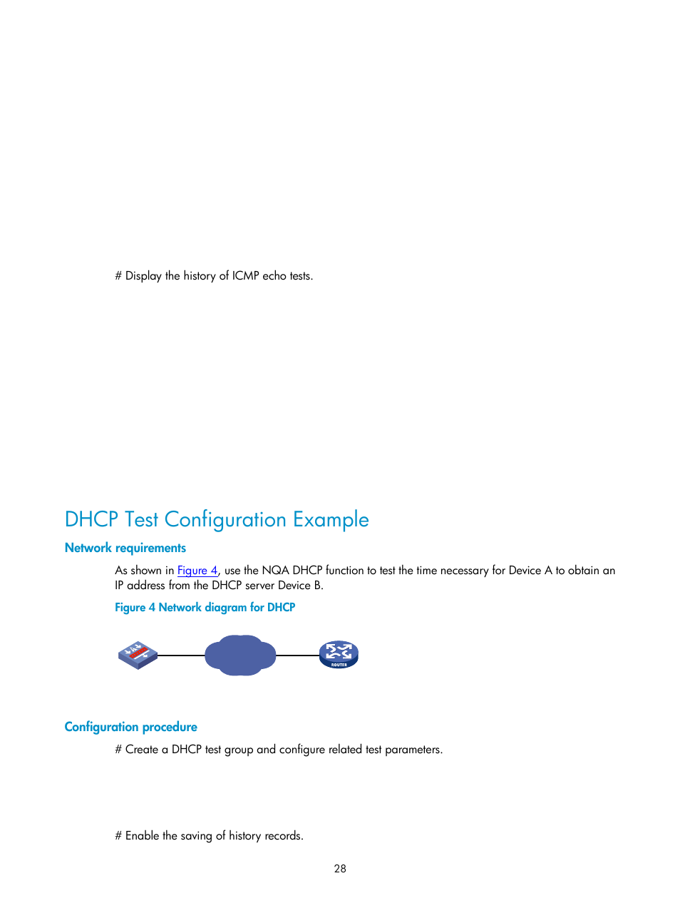 Dhcp test configuration example, Network requirements, Configuration procedure | H3C Technologies H3C SecPath F1000-E User Manual | Page 94 / 326