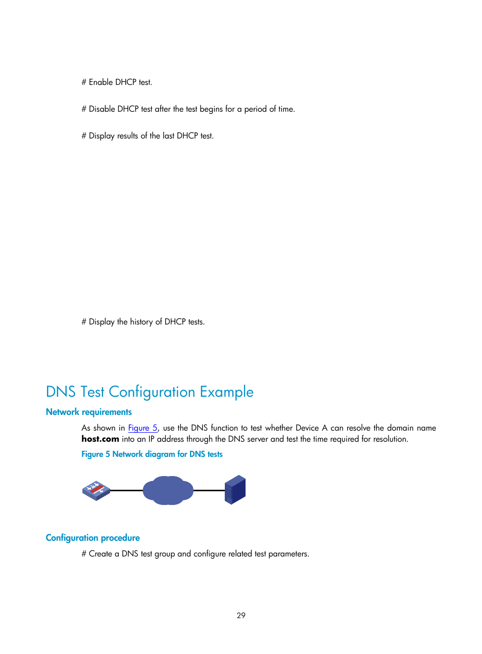 Dns test configuration example, Network requirements, Configuration procedure | H3C Technologies H3C SecPath F1000-E User Manual | Page 95 / 326