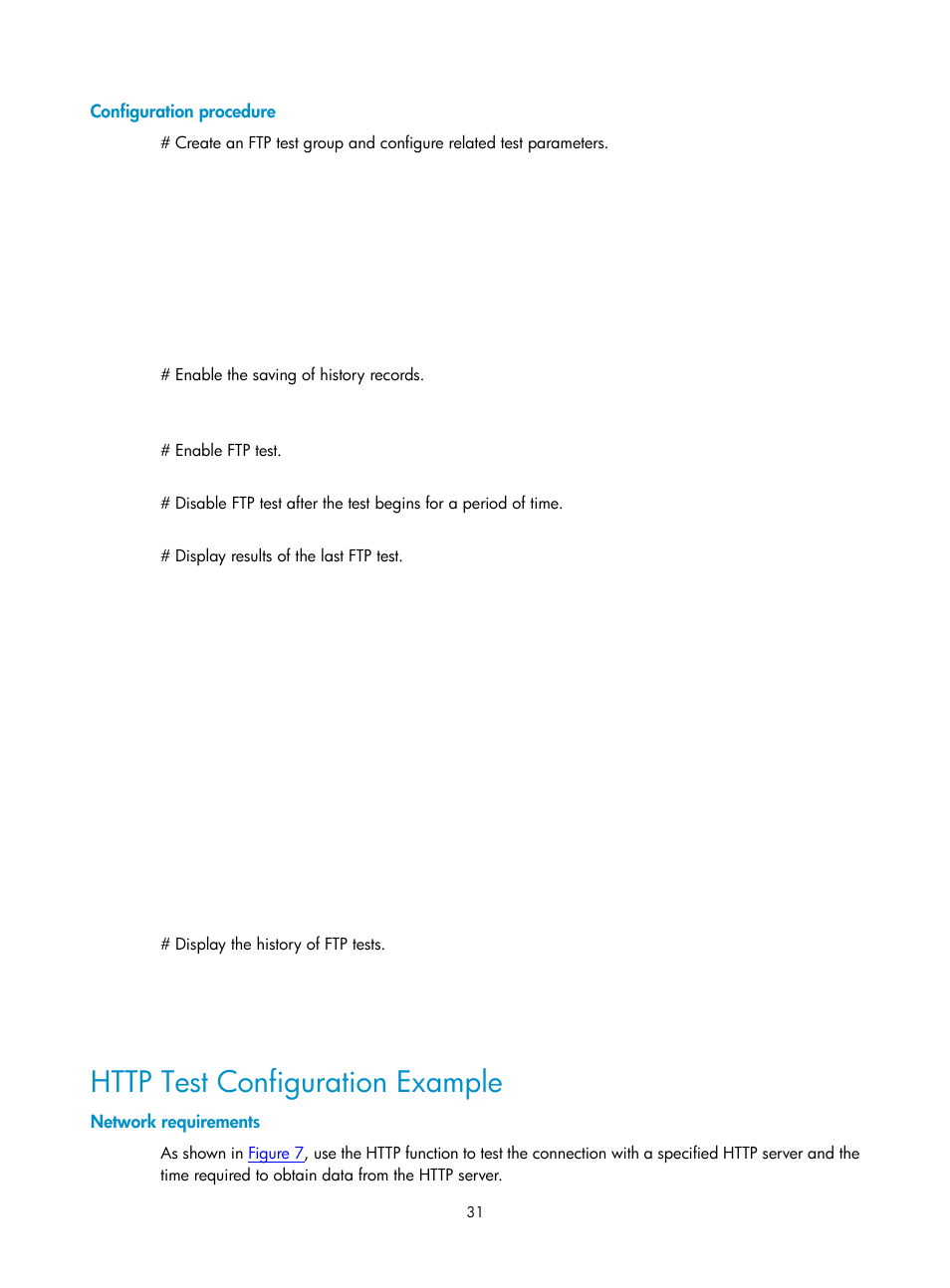 Configuration procedure, Http test configuration example, Network requirements | H3C Technologies H3C SecPath F1000-E User Manual | Page 97 / 326