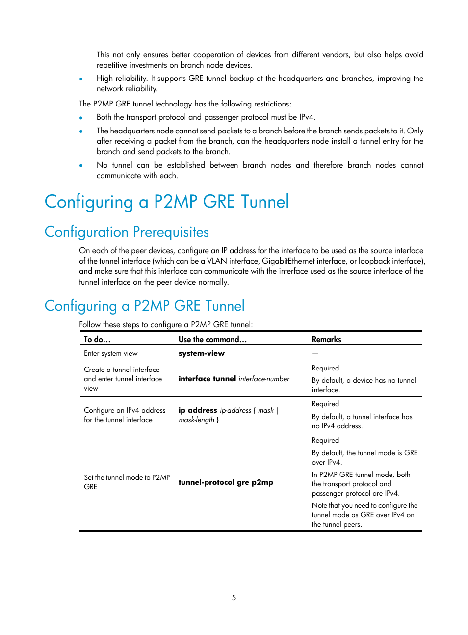 Configuring a p2mp gre tunnel, Configuration prerequisites | H3C Technologies H3C SecPath F1000-E User Manual | Page 21 / 80