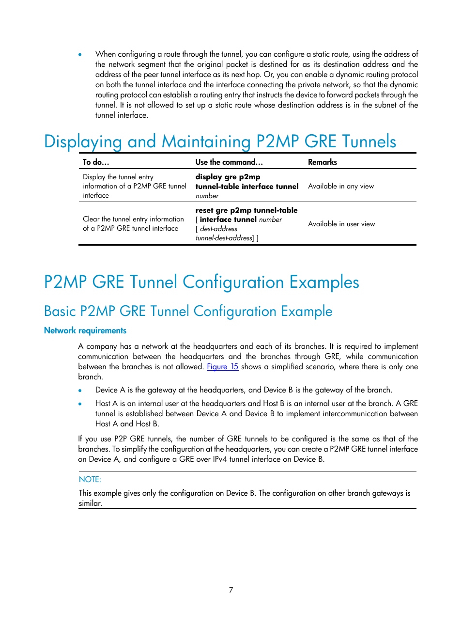 Displaying and maintaining p2mp gre tunnels, P2mp gre tunnel configuration examples, Basic p2mp gre tunnel configuration example | Network requirements | H3C Technologies H3C SecPath F1000-E User Manual | Page 23 / 80