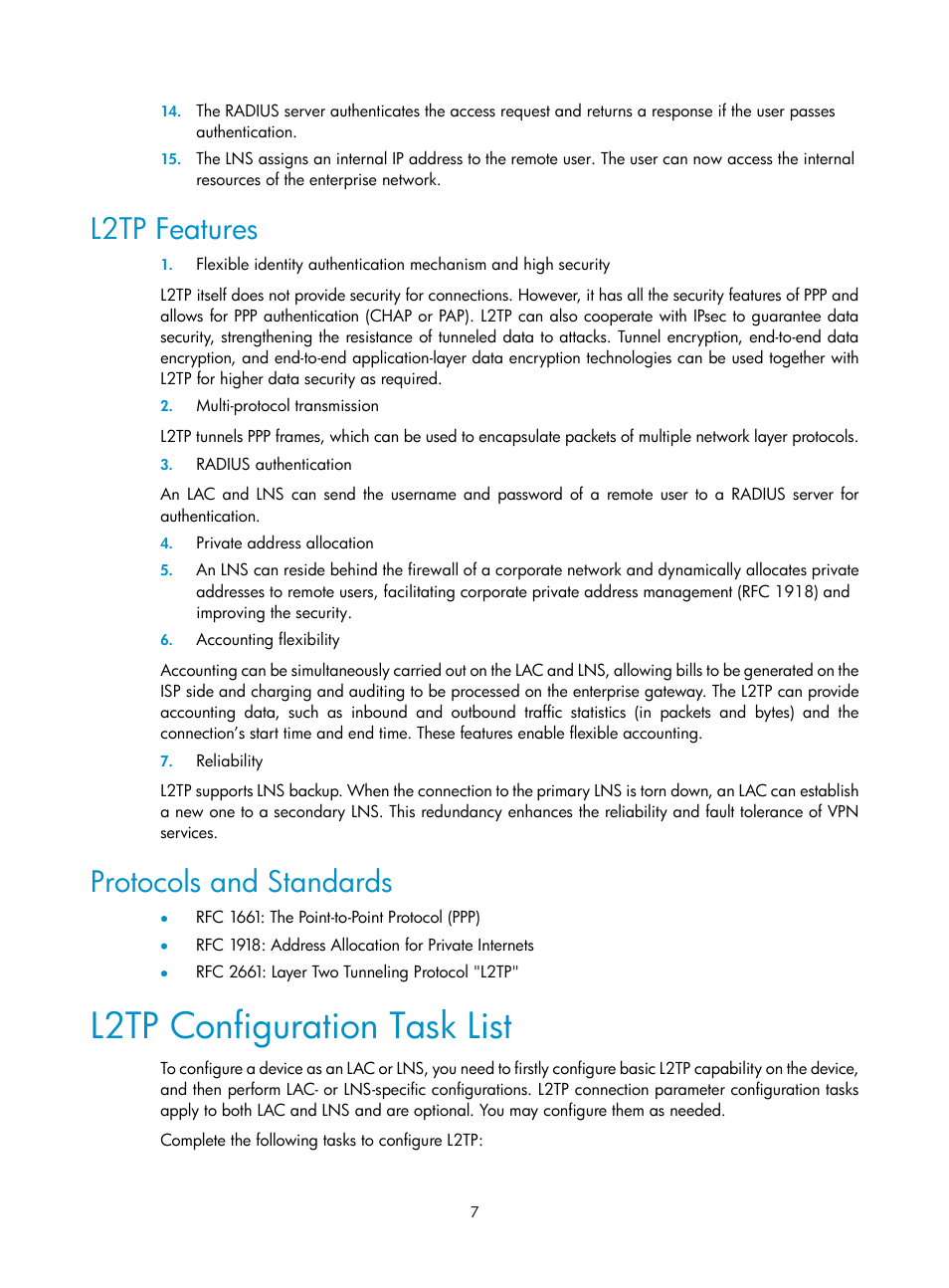 L2tp features, Protocols and standards, L2tp configuration task list | H3C Technologies H3C SecPath F1000-E User Manual | Page 40 / 80