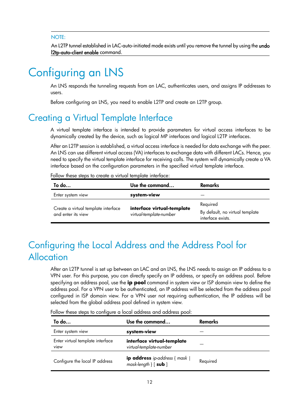 Configuring an lns, Creating a virtual template interface | H3C Technologies H3C SecPath F1000-E User Manual | Page 45 / 80