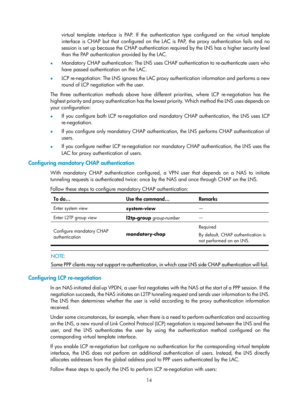 Configuring mandatory chap authentication, Configuring lcp re-negotiation | H3C Technologies H3C SecPath F1000-E User Manual | Page 47 / 80