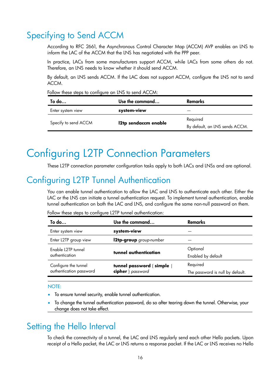 Specifying to send accm, Configuring l2tp connection parameters, Configuring l2tp tunnel authentication | Setting the hello interval | H3C Technologies H3C SecPath F1000-E User Manual | Page 49 / 80