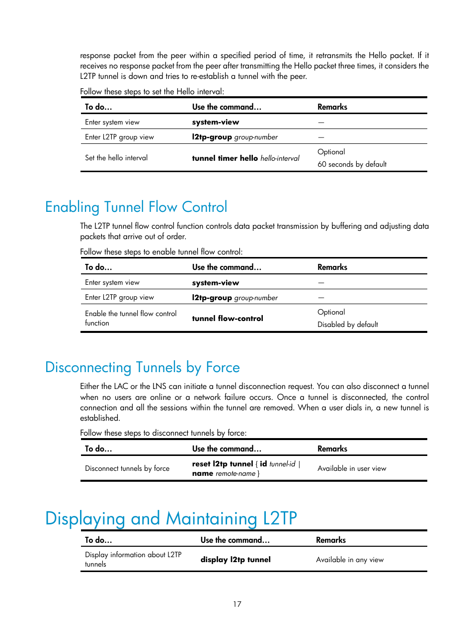 Enabling tunnel flow control, Disconnecting tunnels by force, Displaying and maintaining l2tp | H3C Technologies H3C SecPath F1000-E User Manual | Page 50 / 80