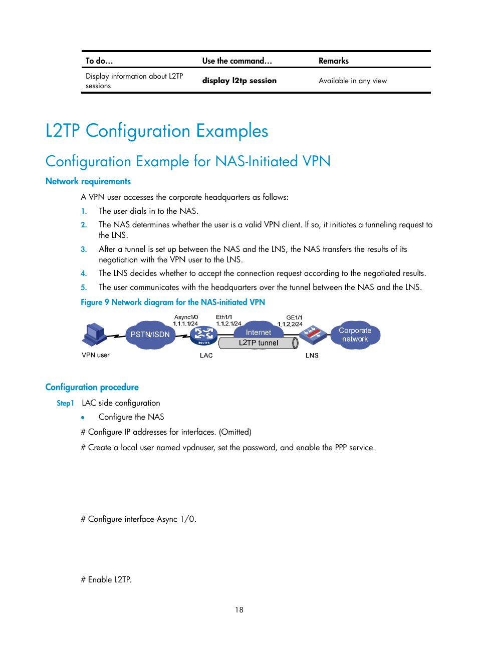 L2tp configuration examples, Configuration example for nas-initiated vpn, Network requirements | Configuration procedure | H3C Technologies H3C SecPath F1000-E User Manual | Page 51 / 80