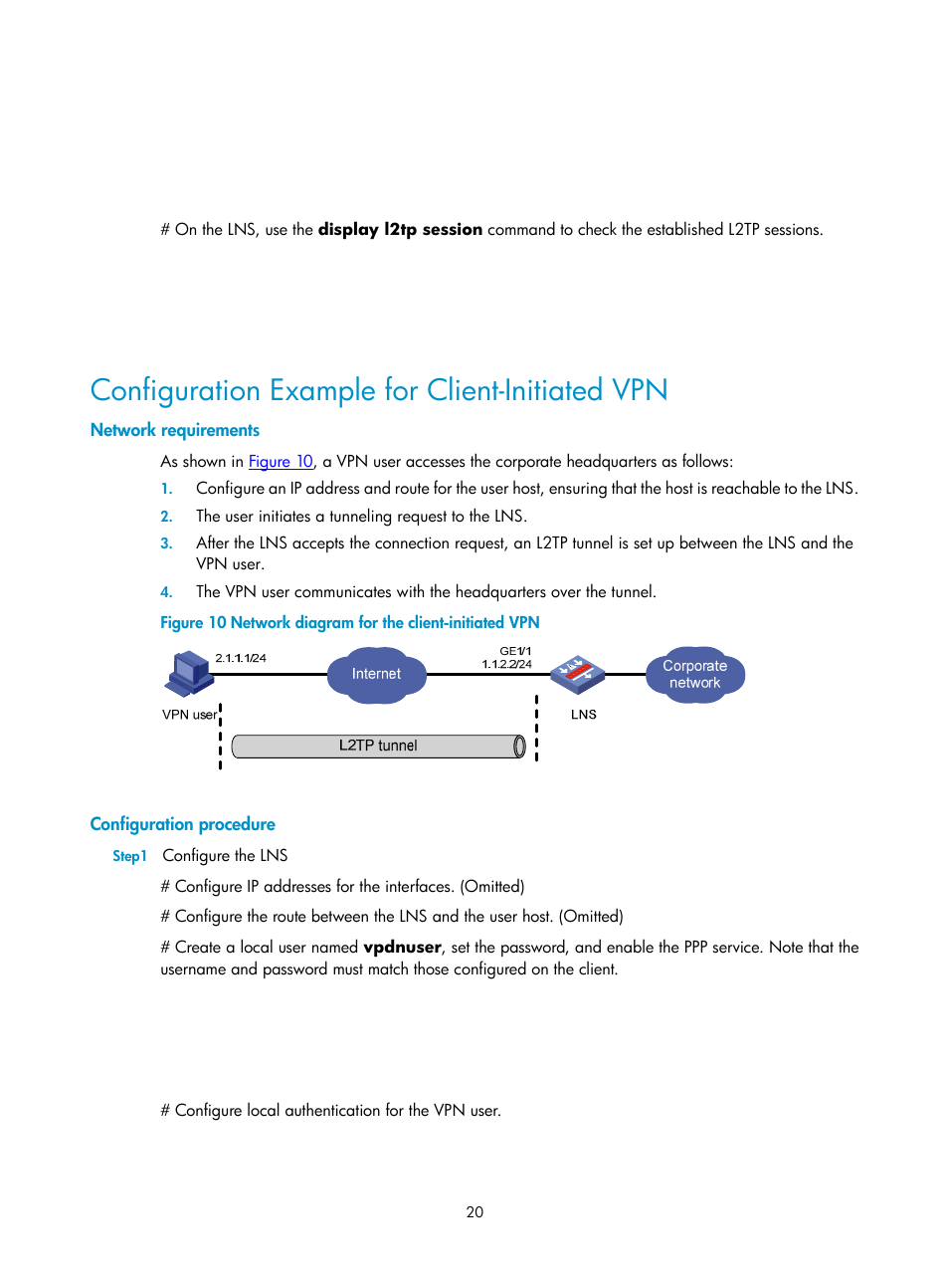 Configuration example for client-initiated vpn, Network requirements, Configuration procedure | H3C Technologies H3C SecPath F1000-E User Manual | Page 53 / 80