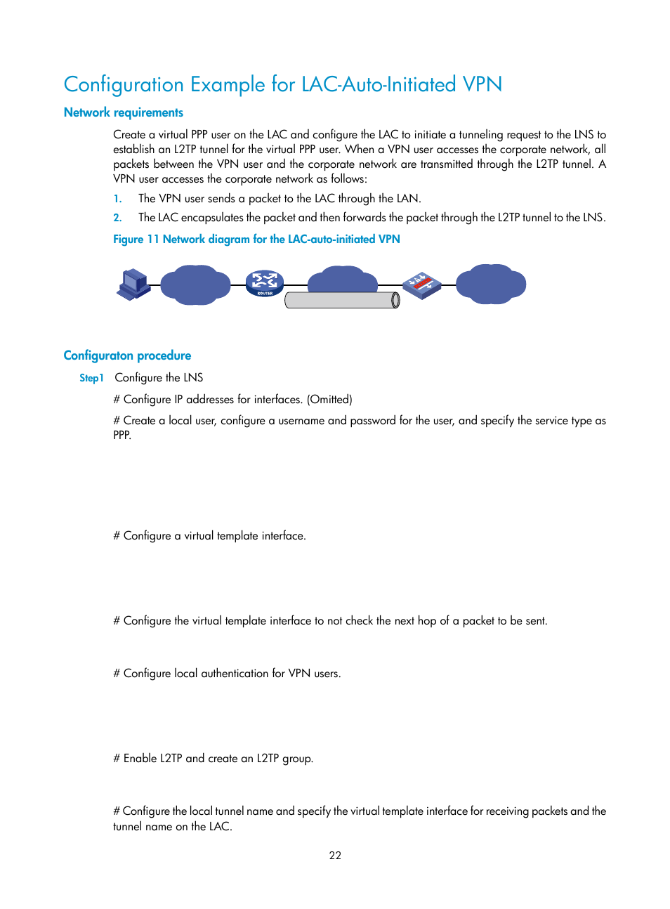 Configuration example for lac-auto-initiated vpn, Network requirements, Configuraton procedure | H3C Technologies H3C SecPath F1000-E User Manual | Page 55 / 80