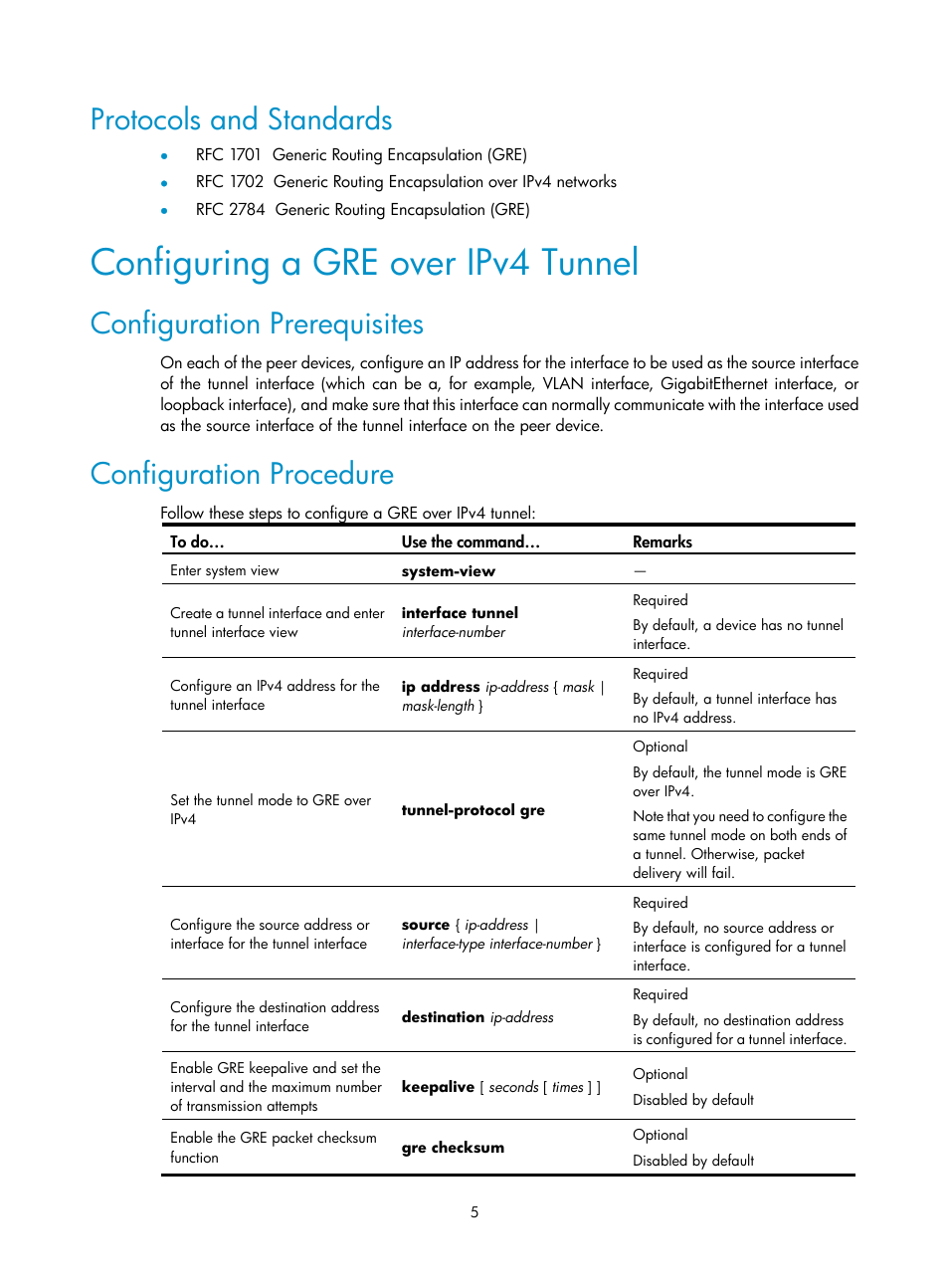 Protocols and standards, Configuring a gre over ipv4 tunnel, Configuration prerequisites | Configuration procedure | H3C Technologies H3C SecPath F1000-E User Manual | Page 6 / 80